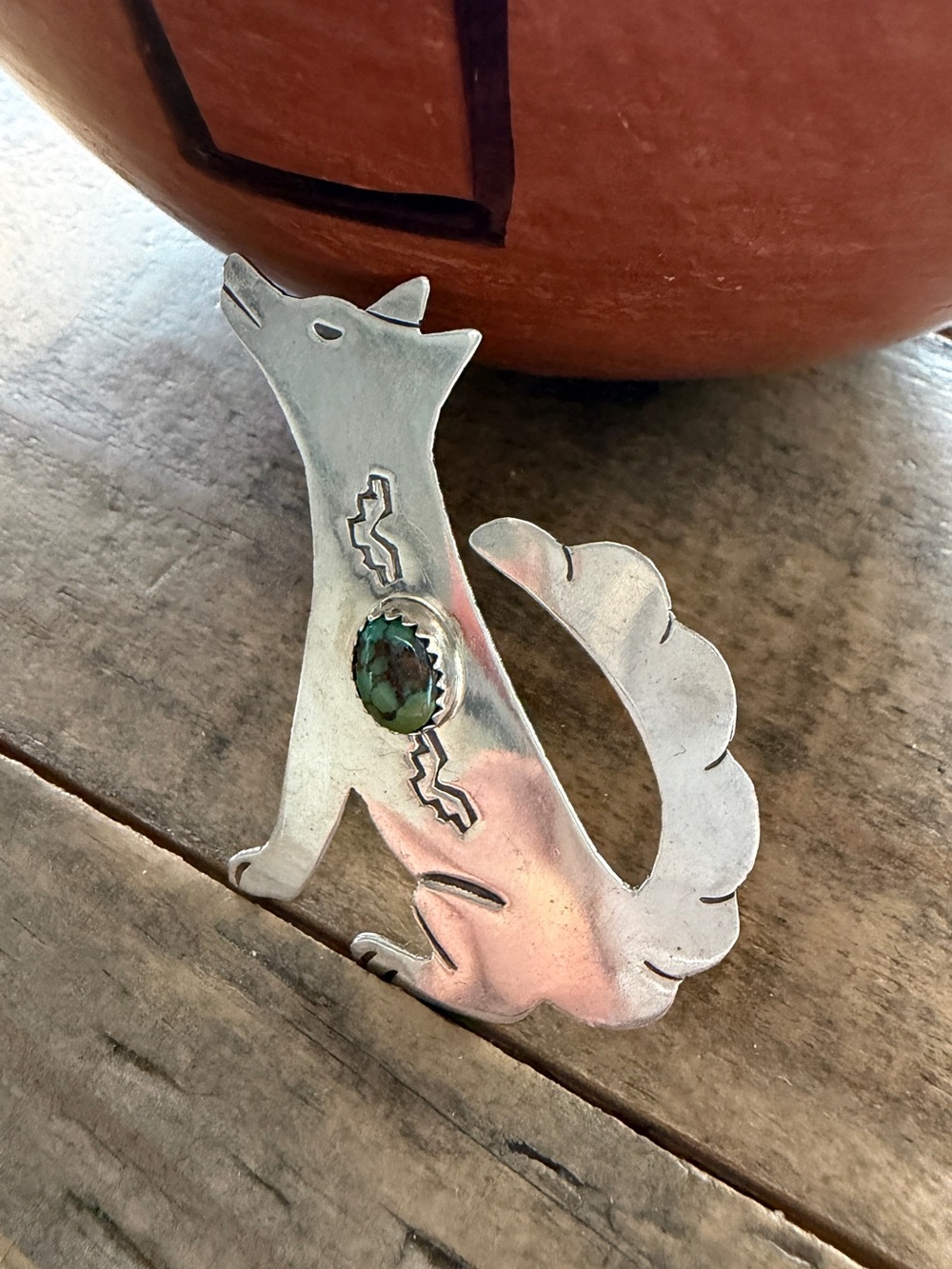 Vintage Native Navajo Sterling Silver & Turquoise Wolf Coyote Brooch Pin